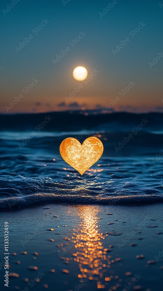 Fototapeta premium Full moon casting light on heart-shaped beach picture