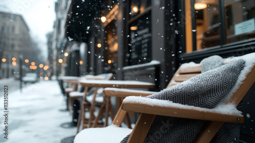 A snowy cafÃ© exterior features wooden chairs wrapped in cozy blankets, exuding warmth and comfort against the frosty winter backdrop. photo