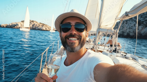 Handsome caucasian man taking a selfie on a sailing boat at a vacation. photo