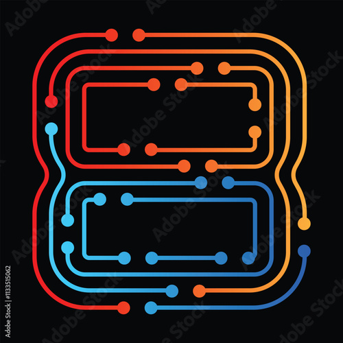 Colorful intertwined lines and dots creating number eight on black background