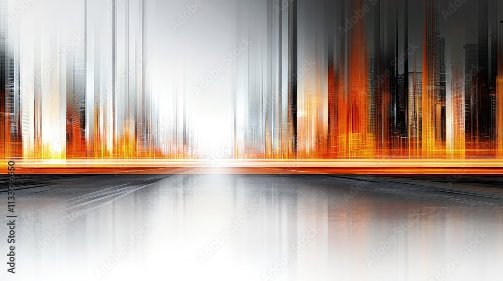 Abstract city skyline with bright orange and grey streaks, reflecting on a shiny surface, suggesting speed and movement. Abstract city skyline with bright orange and grey streaks, reflecting on a shiny surface, suggesting speed and movement.