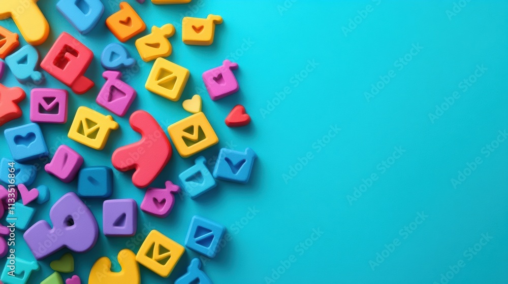 Colorful shapes and symbols are arranged against a vibrant background, reflecting modern digital interactions and social media engagement. Generative AI Colorful shapes and symbols are arranged against a vibrant background, reflecting modern digital interactions and social media engagement. Generative AI