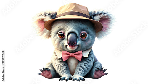 Adorable Koala in a Hat and Bow Tie: A Charming Digital Painting of a Cute Australian Marsupial photo