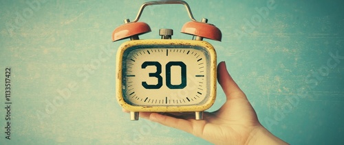 A retro digital clock displaying 1:30 AM in bright red is held aloft by a hand. photo