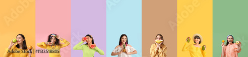 Set of beautiful women with different exotic fruits on color background