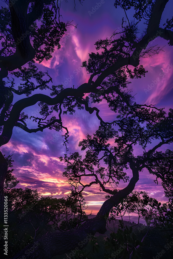 Serene Twilight: A Tranquil Dusk with Silhouetted Trees and Wisps of Clouds Reflecting Sunset Hues Serene Twilight: A Tranquil Dusk with Silhouetted Trees and Wisps of Clouds Reflecting Sunset Hues