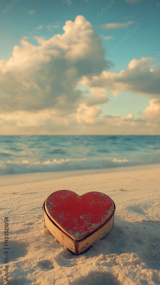 Fototapeta premium Red heart outline sunny sandy beach picture