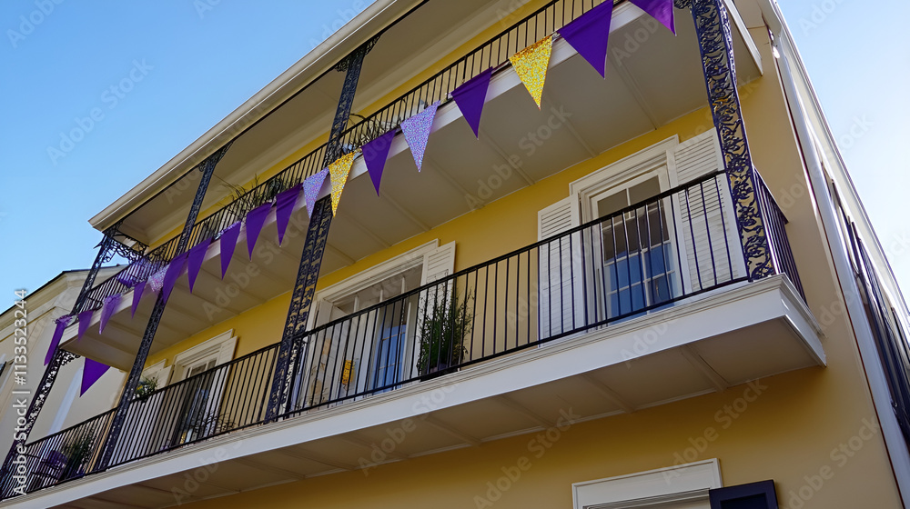 Fototapeta premium Colorful balcony with purple decorative flags under bright blue sky, charming architecture, festive vibe
