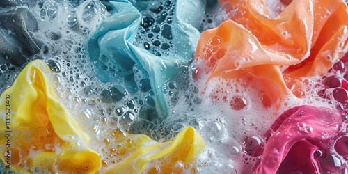 Dynamic shot of colorful clothes swirling in sudsy water, concept of Vibrant motion