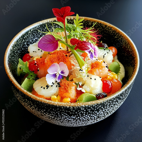 Gourmet sushi bowl topped with fresh vegetables and edible flowers in an elegant black bowl