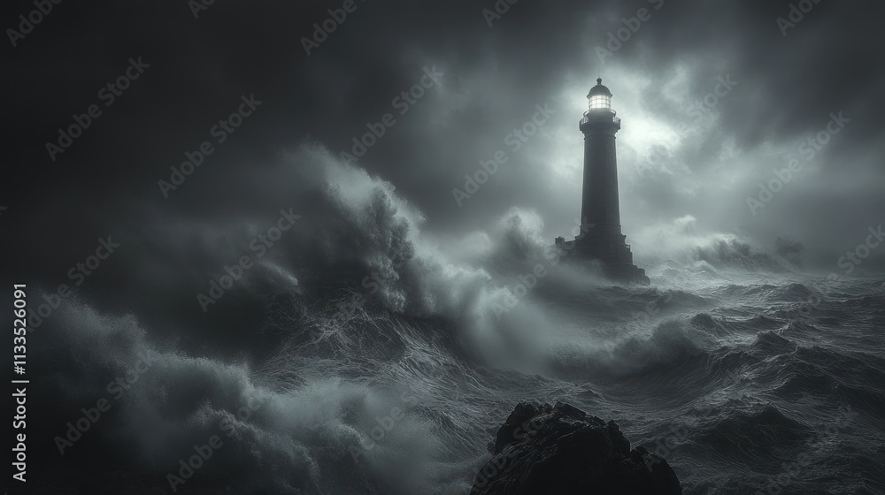 Lighthouse beacon shines amidst stormy ocean waves. Lighthouse beacon shines amidst stormy ocean waves.