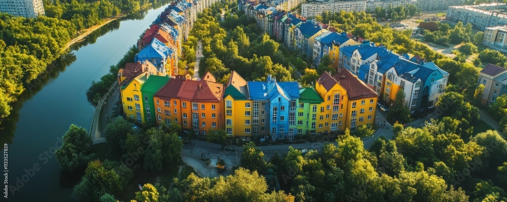 Obraz premium Aerial view of a residential complex with rainbow houses on the left bank of Kyiv