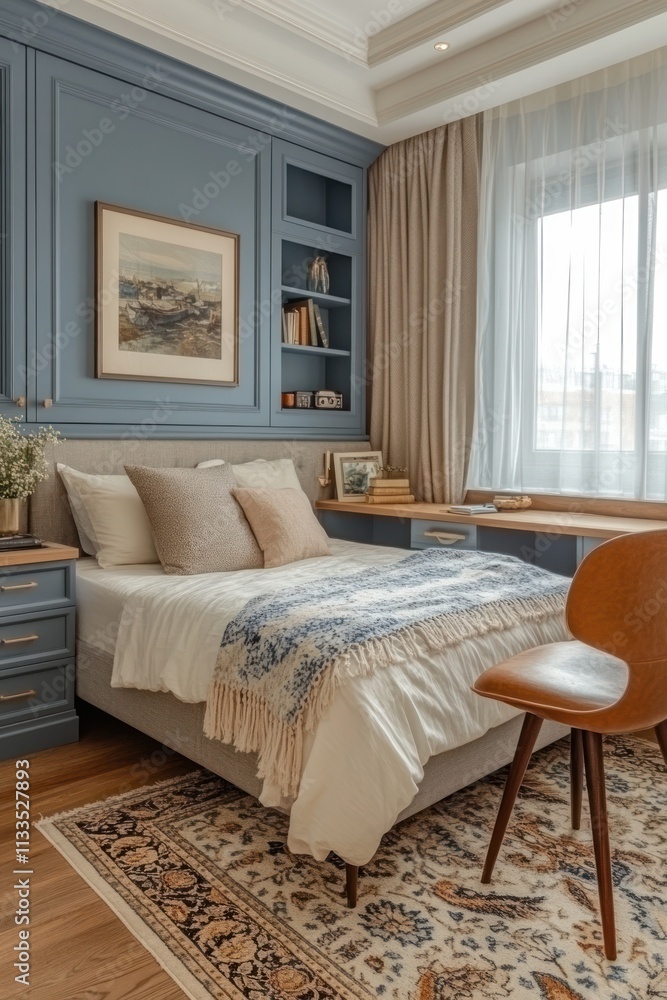 Fototapeta premium Serene bedroom with built-in shelves, desk, and patterned rug.