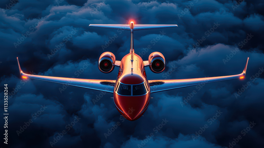 Fototapeta premium Futuristic airplane flying through clouds, illuminated by lights, showcasing advanced design and technology