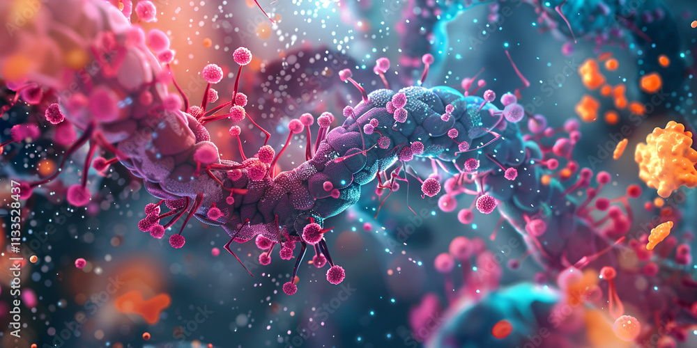Microscopic view of virus and molecular structures, Advanced microbiology research Microscopic view of virus and molecular structures, Advanced microbiology research