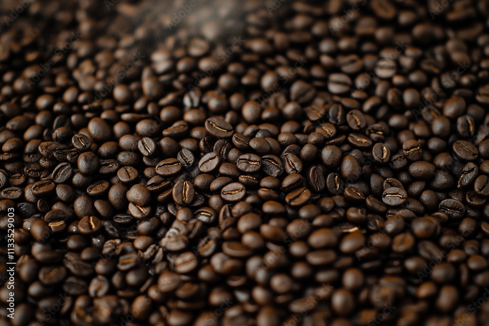 Fototapeta premium Closeup of freshly roasted coffee beans, steam rising, highlighting rich aroma and glossy surface.