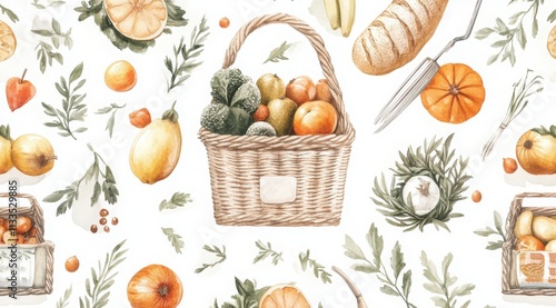 Colorful basket filled with oranges and various fruits surrounded by botanical elements on a light background,mediterranean diet