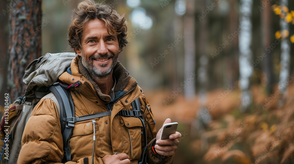 Fototapeta premium Bearded male hiker with backpack looking for cell phone signal in the woods.