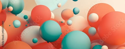 Coral, Orange and Turquoise Balloons Rising in the Air. Modern, Birthday Wallpaper.