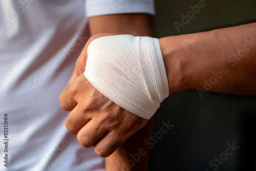 Wrist wrapped in bandage for protection and treatment of fractures or tendonitis. photo