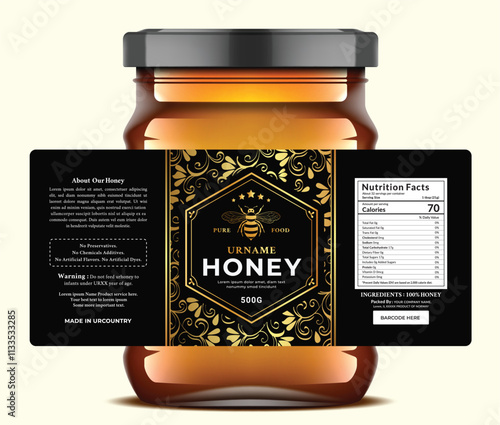 The Luxurious honey label design is black gold, with floral patterns, and premium product packaging essential details.