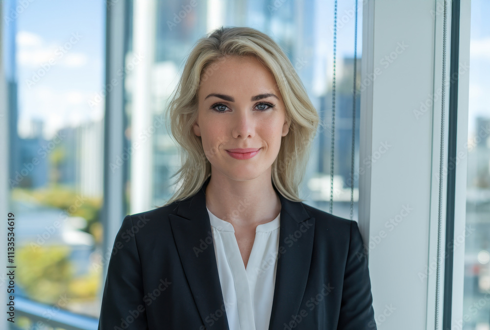 Professional headshot of a confident blonde businesswoman in a formal suit standing by a window with a city skyline in the background Professional headshot of a confident blonde businesswoman in a formal suit standing by a window with a city skyline in the background