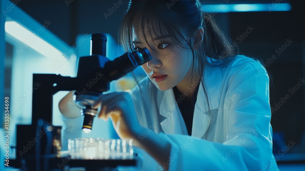A scientist is deeply engaged in a research task, observing samples under a microscope in a laboratory. The image represents concentration, scientific exploration, and the pursuit of knowledge.. AI A scientist is deeply engaged in a research task, observing samples under a microscope in a laboratory. The image represents concentration, scientific exploration, and the pursuit of knowledge.. AI
