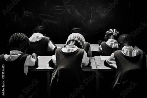 Group of children in class, excited about learning and focusing on their literacy and studies. photo