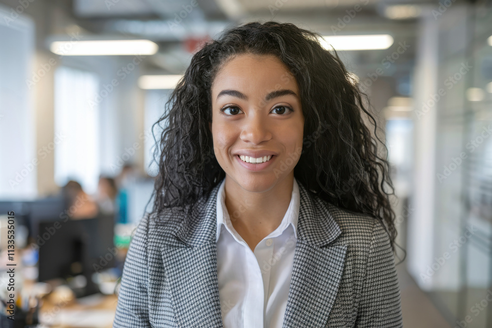 Close-up portrait of a confident and successful African-American businesswoman wearing a checkered blazer and white shirt in a modern corporate office setting Close-up portrait of a confident and successful African-American businesswoman wearing a checkered blazer and white shirt in a modern corporate office setting