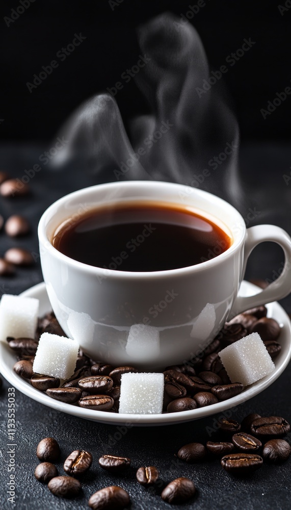 Fototapeta premium Steaming Cup of Black Coffee with Sugar Cubes and Scattered Coffee Beans, Delicious Morning Beverage