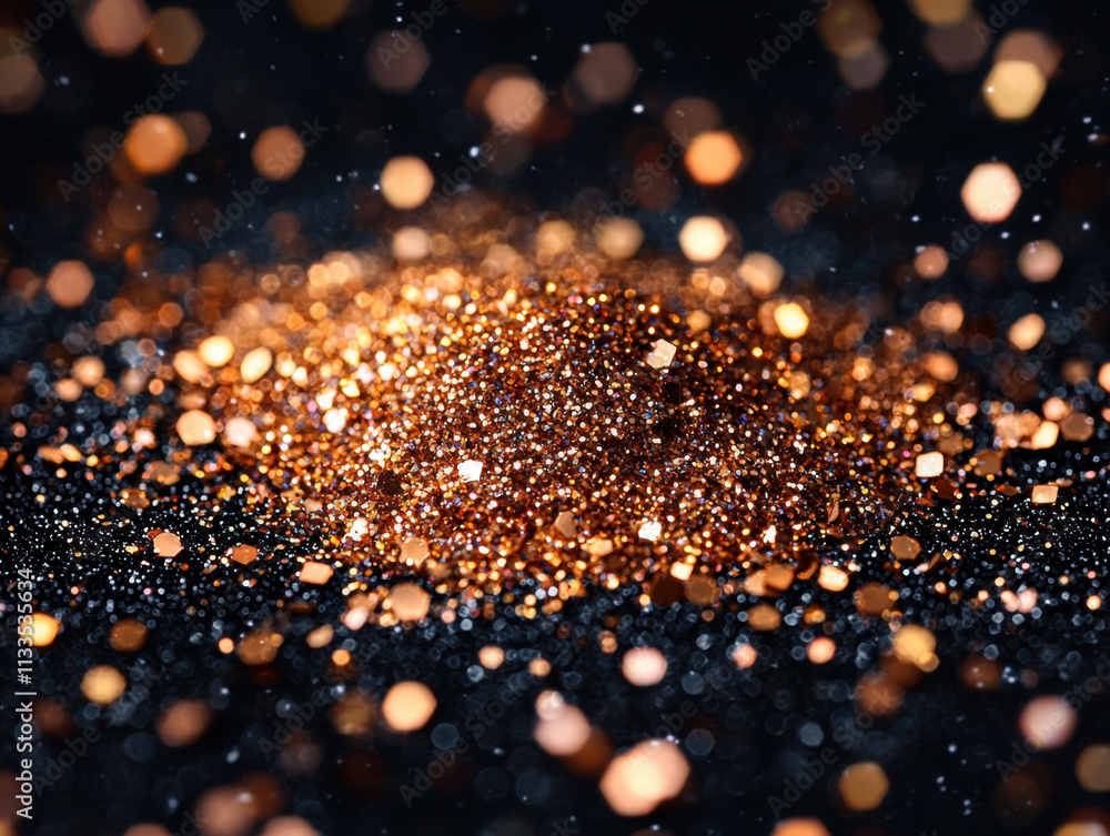 Obraz premium A vibrant mound of sparkling copper glitter scatters across a dark background, creating a mesmerizing, festive atmosphere. The bokeh effect enhances the shimmering aesthetic, perfect for celebrations.