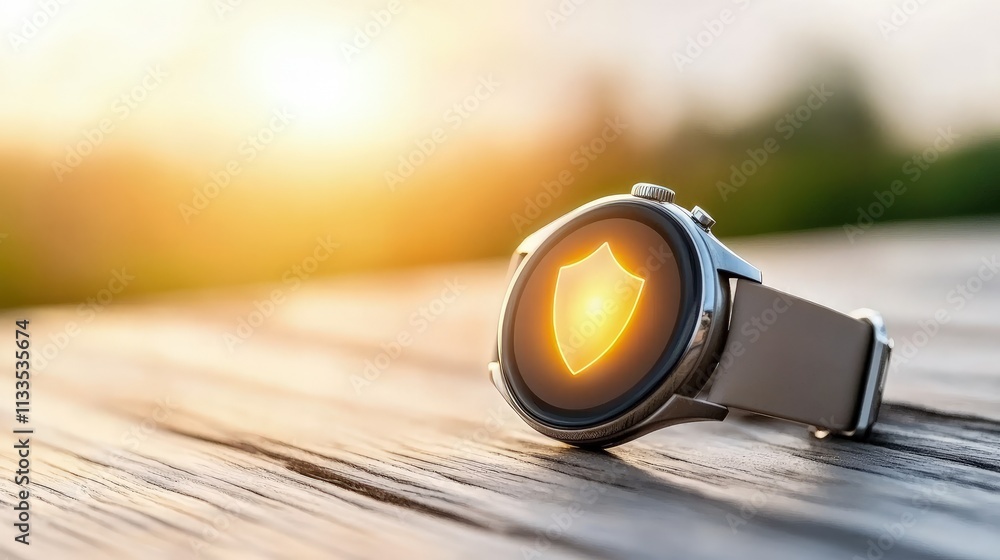 Smartwatch displaying a shield icon at sunset. Smartwatch displaying a shield icon at sunset.