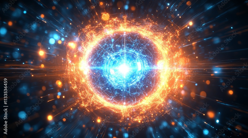 Obraz premium Cosmic Nucleus Fiery Energy Orbits and Celestial Dance, Unveiling the Mysteries of the Universe