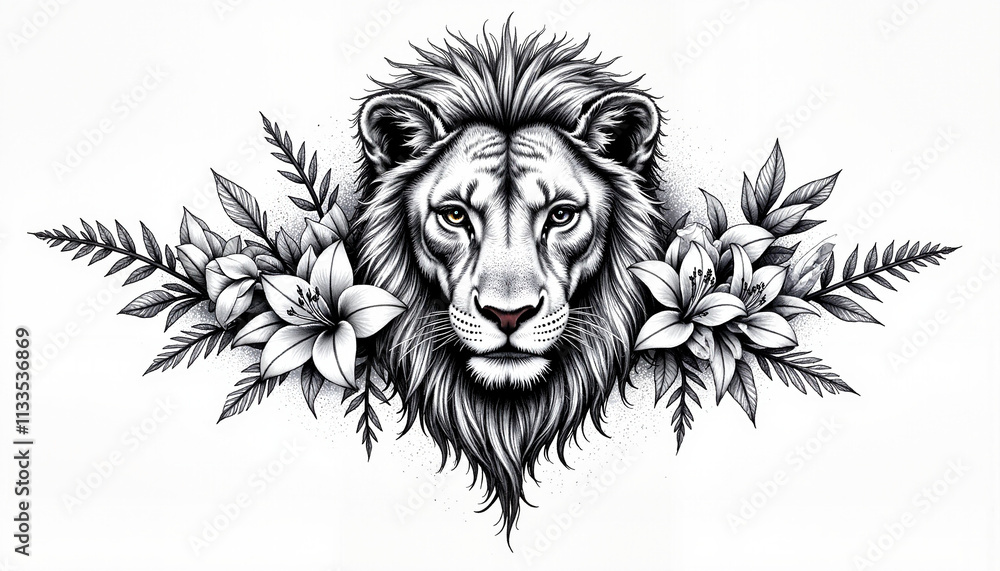 Obraz premium Dotwork Tattoo Lion Head with Floral Lilies 