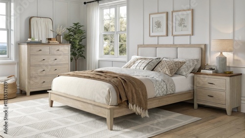 An elegant bedroom design with a wooden platform bed adorned with subtle textures and layered textiles paired with functional furniture like a minimalistic dresser and a