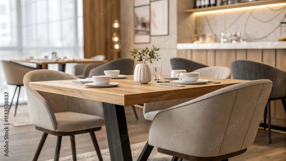 An inviting dining area defined by a substantial wooden table and sleek curvedback chairs complemented by understated decor that enhances the open and airy feeling of the An inviting dining area defined by a substantial wooden table and sleek curvedback chairs complemented by understated decor that enhances the open and airy feeling of the