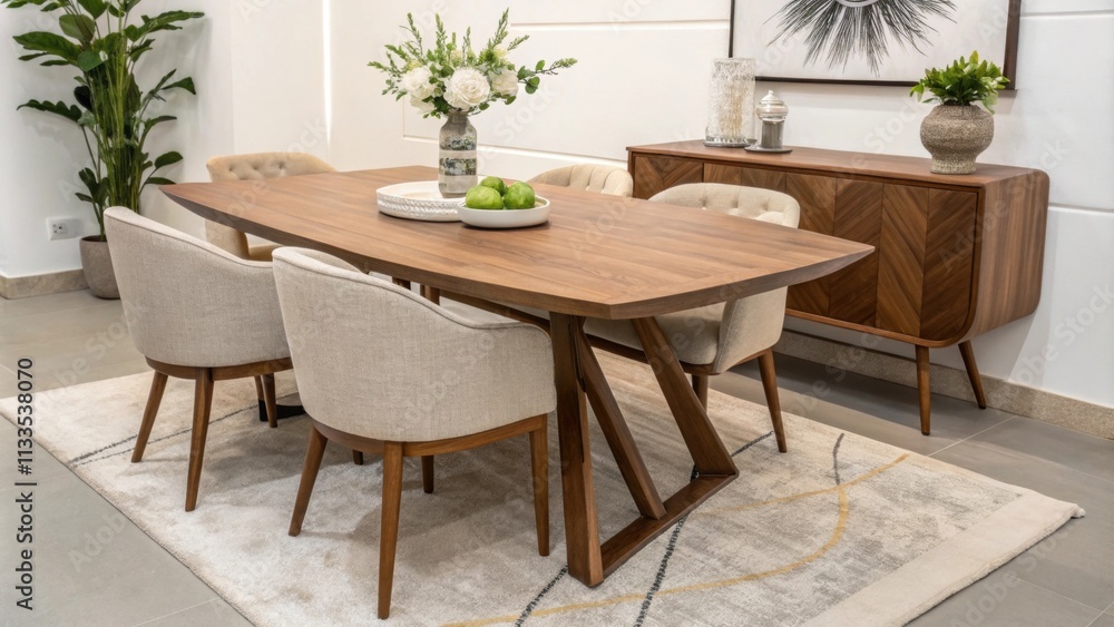 The interior design of the room is centered around a substantial walnut dining table circled by comfortable upholstered chairs with striking decorative elements that create The interior design of the room is centered around a substantial walnut dining table circled by comfortable upholstered chairs with striking decorative elements that create