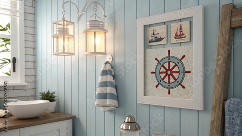 The bright bathroom is accentuated by warm diffused light that returns emphasis to the pale blue wall while a distinct nautical print adds an interesting focal point to the photo