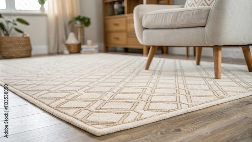 The area rug featuring a subtle geometric design complements the surrounding furniture and creates a welcoming atmosphere.