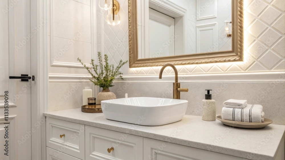 Fototapeta premium A contemporary wash area featuring pristine white walls paired with an elegant simple faucet and a seamless mirror that reflects the uncluttered design.