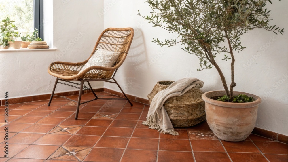 Fototapeta premium The room showcases a rich terracotta tiled floor that enhances the cozy ambiance accented by a stylish rattan chair and a potted olive tree that introduces a natural