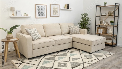 A contemporary lounge area highlighted by a versatile sectional sofa paired with a geometricpatterned area rug where understated wall decor and a small bookshelf contribute photo