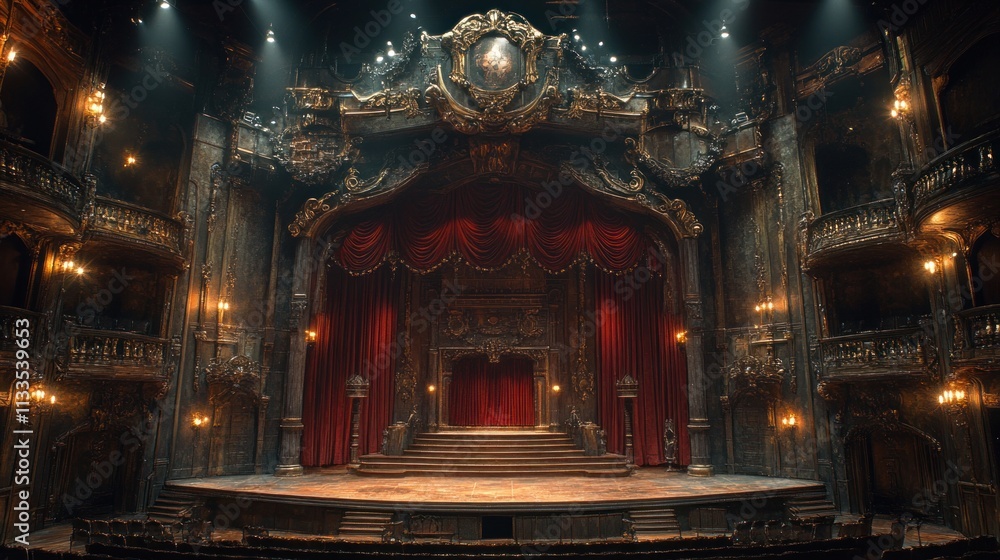 Fototapeta premium Ornate theater stage, dark, red curtains.