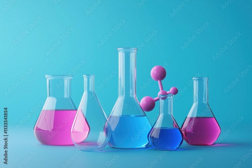 Colorful liquids in beakers and flasks on blue background. Colorful liquids in beakers and flasks on blue background.