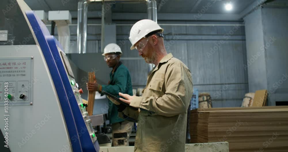 Two men work in a paper mill. One of them uses a tablet to control the operation of the machine. The second man brings stacks of cardboard to the machine Two men work in a paper mill. One of them uses a tablet to control the operation of the machine. The second man brings stacks of cardboard to the machine