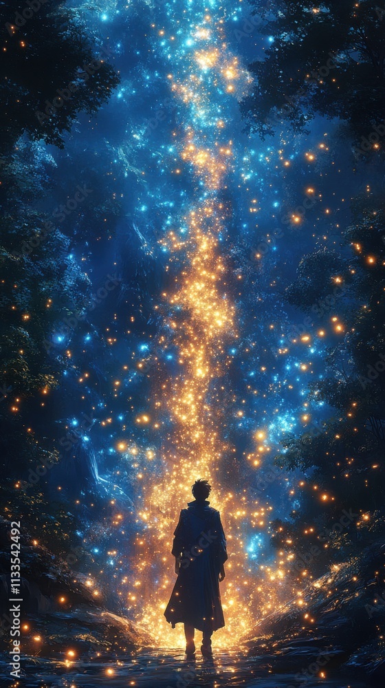 A silhouette stands before a glowing pathway of lights in a mystical forest setting. A silhouette stands before a glowing pathway of lights in a mystical forest setting.
