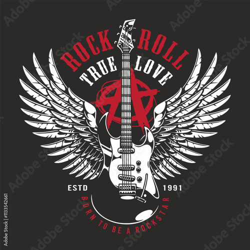 Rock music design with guitar and wings