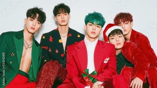 Festive fashion ensemble with five young men in colorful holiday outfits and accessories, featuring red, green, and seasonal patterns against a white background