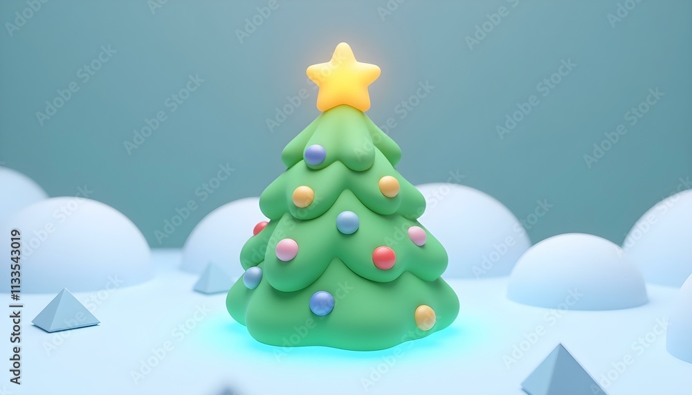 3D render of a Christmas tree icon with colorful ornaments and a shining star on top, set against a snowy background create with ai 3D render of a Christmas tree icon with colorful ornaments and a shining star on top, set against a snowy background create with ai