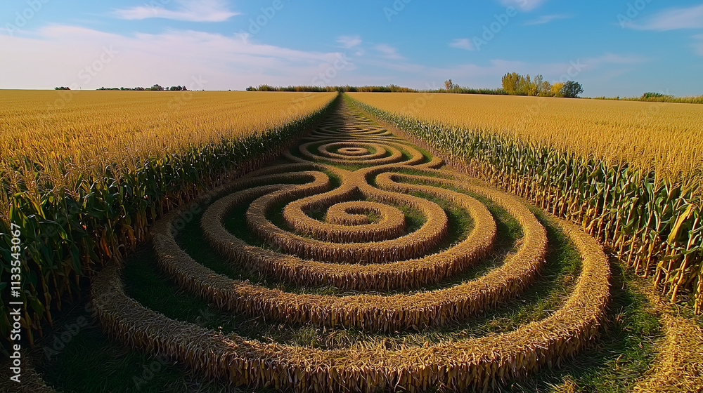 A massive, symmetrical crop circle resembling a labyrinth in a field of ripe corn A massive, symmetrical crop circle resembling a labyrinth in a field of ripe corn